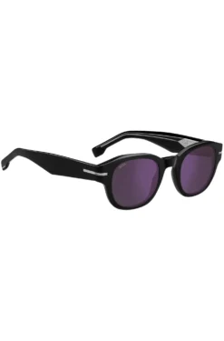Sonnenbrille aus schwarzem Acetat mit violetten Gläsern