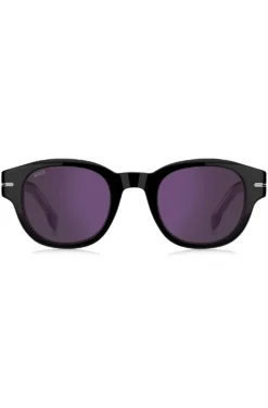 Sonnenbrille aus schwarzem Acetat mit violetten Gläsern