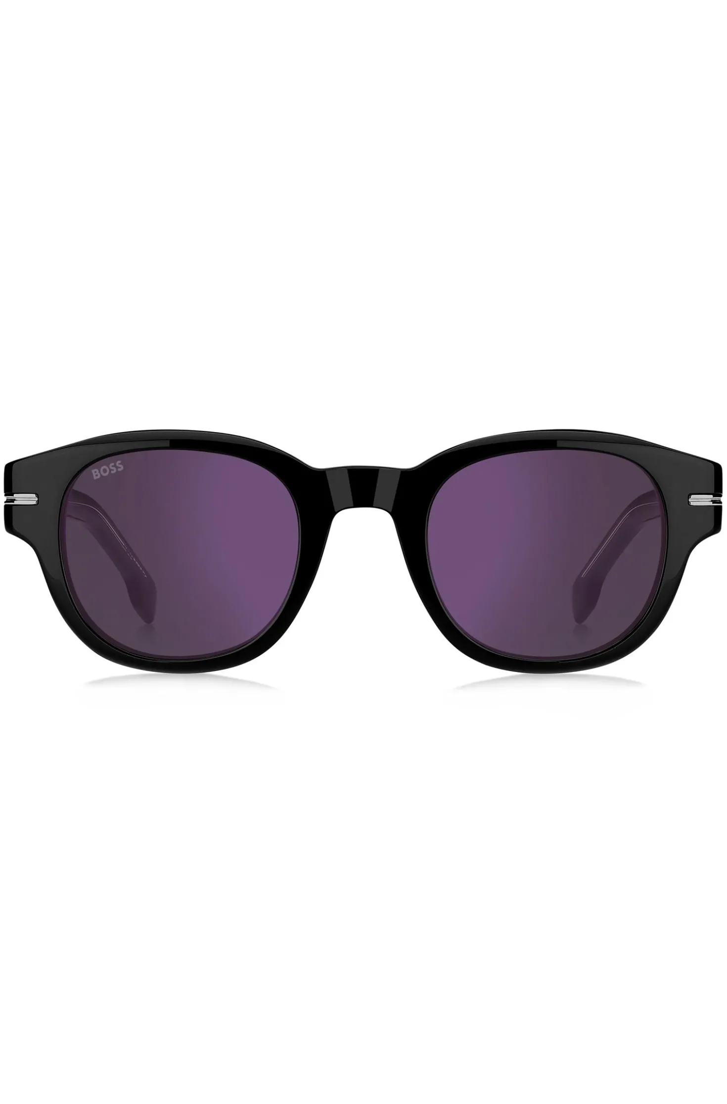 Sonnenbrille aus schwarzem Acetat mit violetten Gläsern