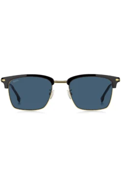 Sonnenbrille mit blauen Gläsern und schwarz-goldfarbener Fassung