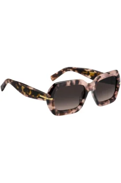 Sonnenbrille mit rosafarbenem Havanna-Muster und goldfarbenen Scharnieren