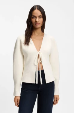 Strickjacke mit Krawatten-Vorderseite und Ballonärmel in Rippstrick