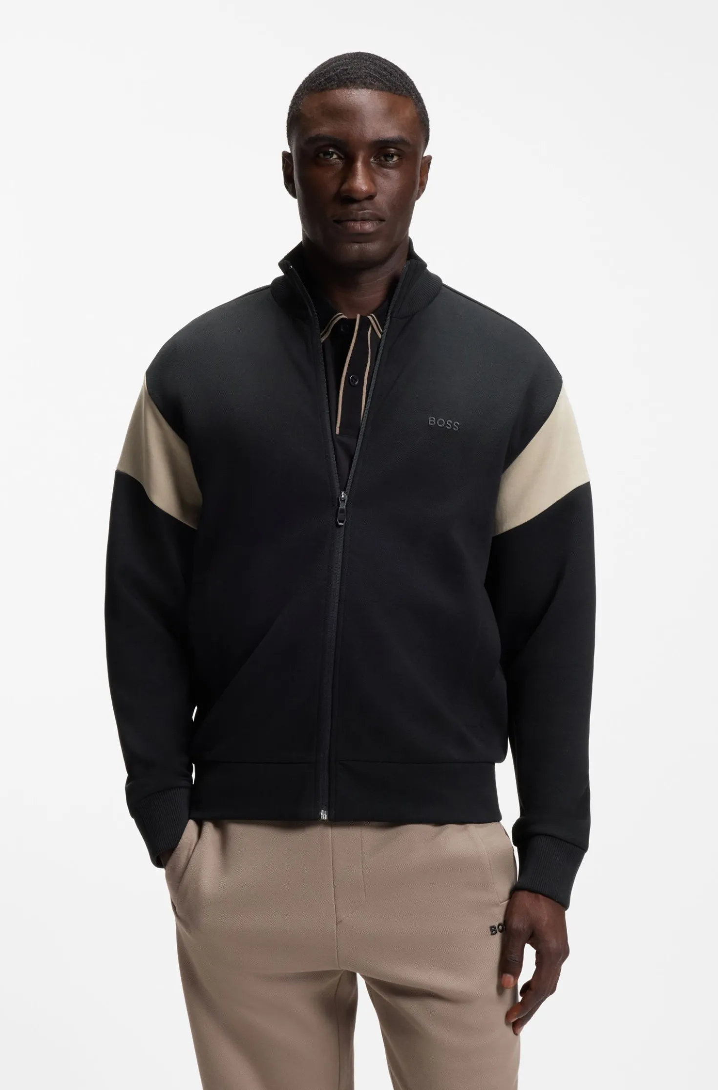 Sweatjacke aus Baumwoll-Mix mit Reißverschluss und kontrastierenden Einsätzen