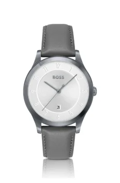 THREEHAND Grau beschichtete Uhr mit Lederarmband