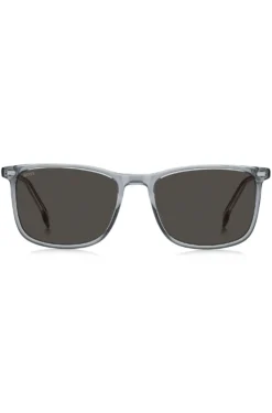 Transparent-blaue Sonnenbrille mit Logo auf den Bügeln