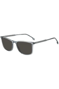 Transparent-blaue Sonnenbrille mit Logo auf den Bügeln