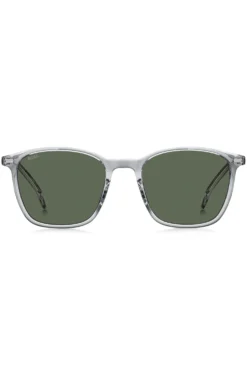 Transparent-graue Sonnenbrille mit Logo an den Bügeln