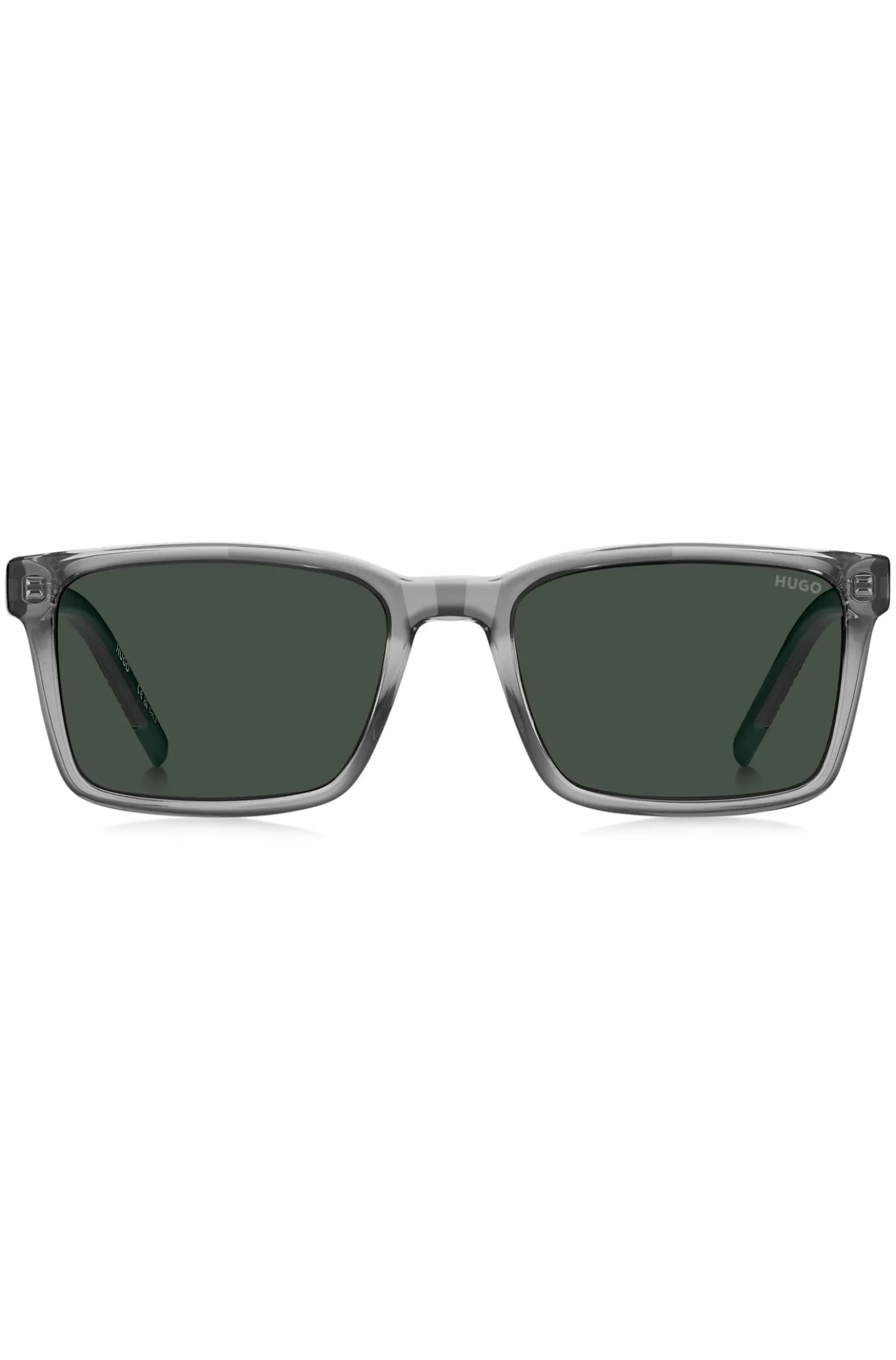 Transparent-graue Sonnenbrille mit gemusterten Bügeln