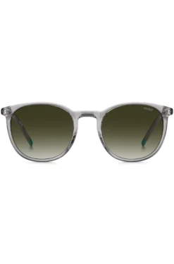 Transparent-graue Sonnenbrille mit grünem Logo