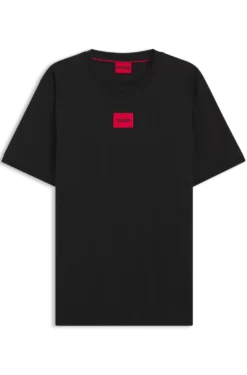 T-Shirt aus Baumwolle mit rotem gewebtem Logo-Label