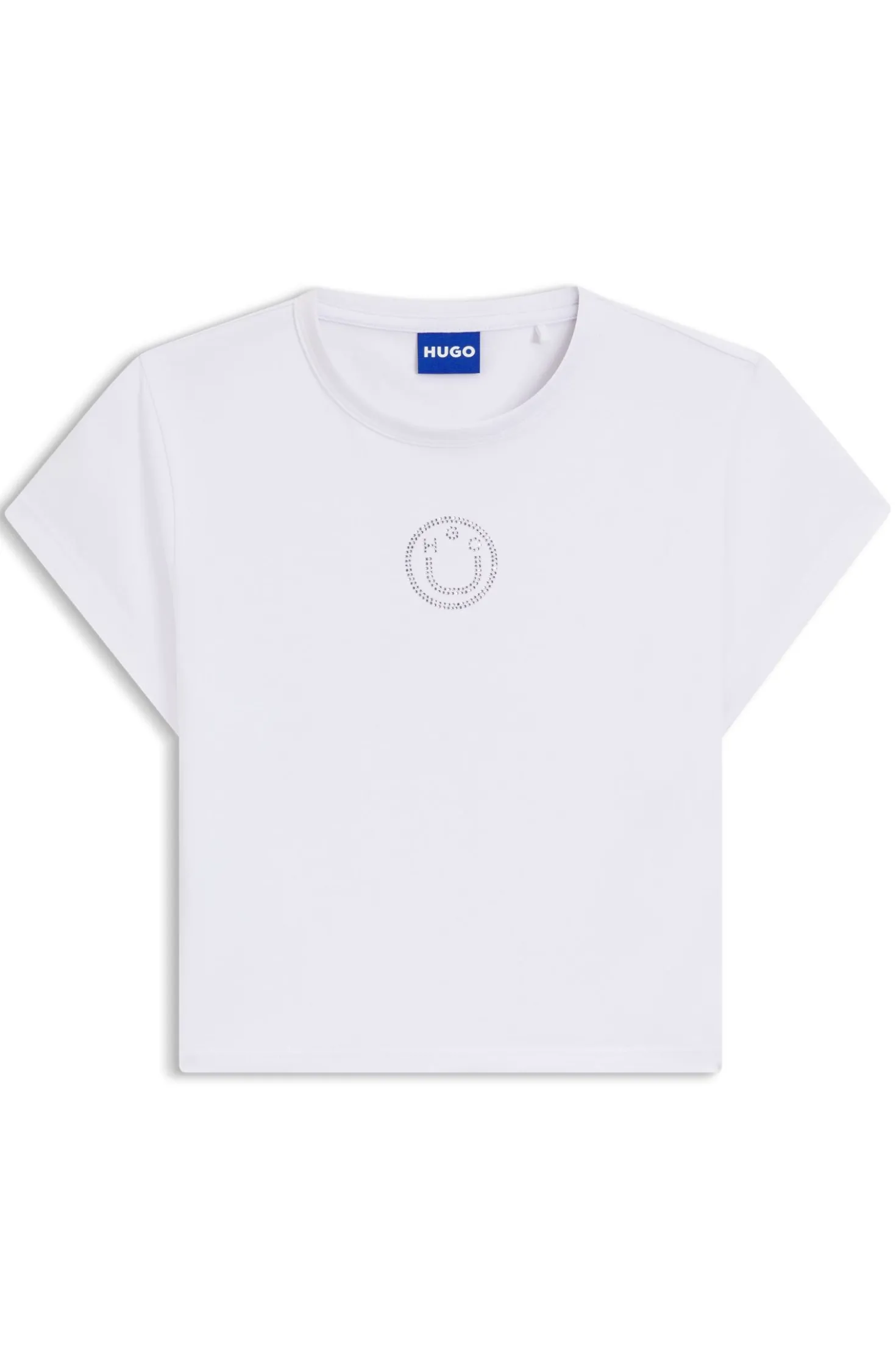 T-Shirt aus Stretch-Baumwolle in Cropped-Länge mit Happy HUGO Logo aus Strass