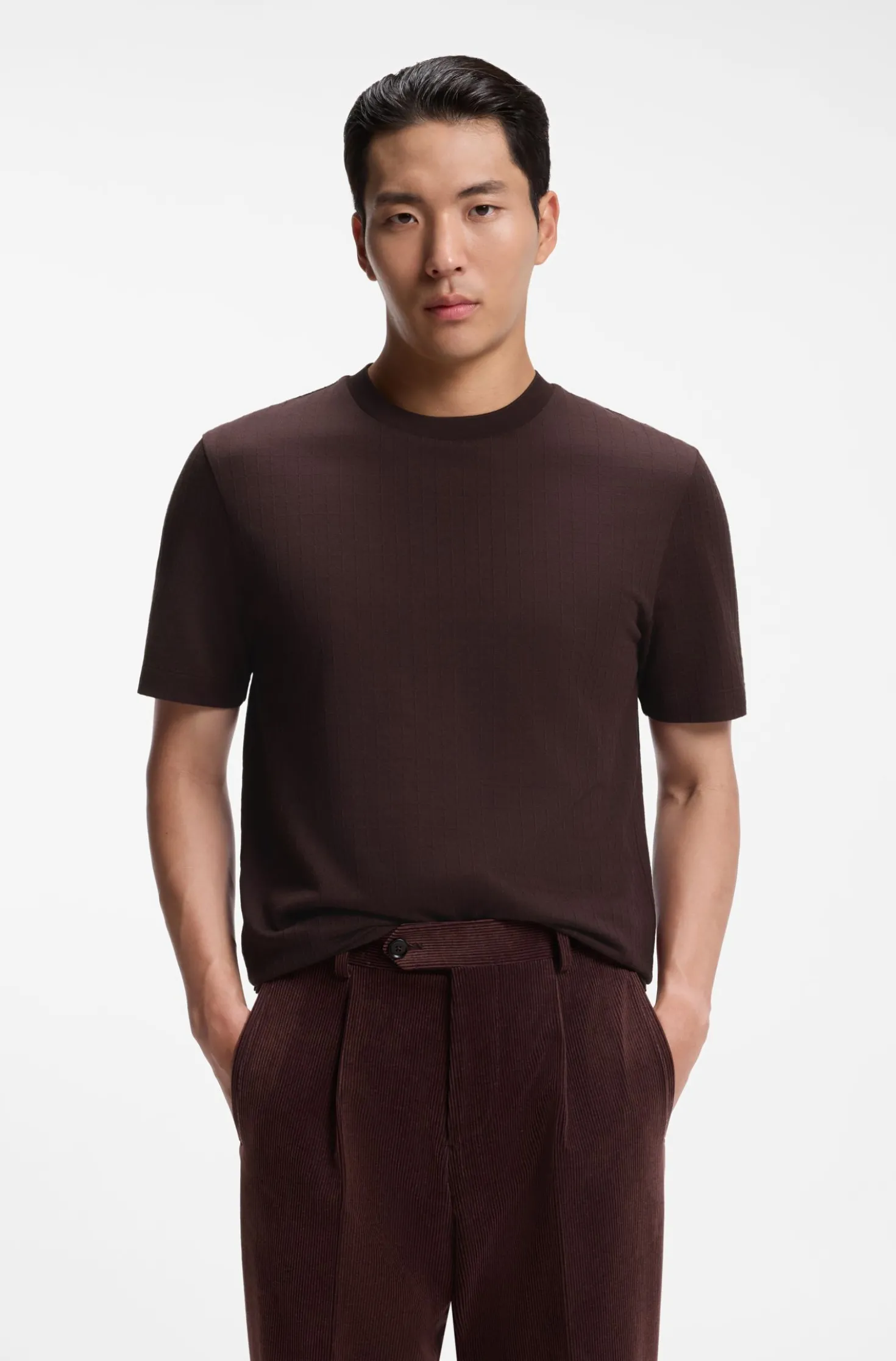 T-Shirt mit Windowpane-Karo aus Baumwoll-Mix mit Seide