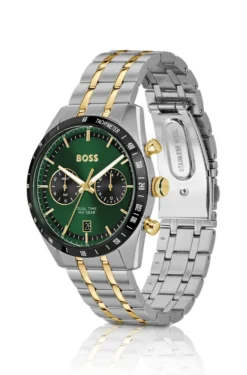 Uhr mit grünem Zifferblatt und zweifarbigem Armband