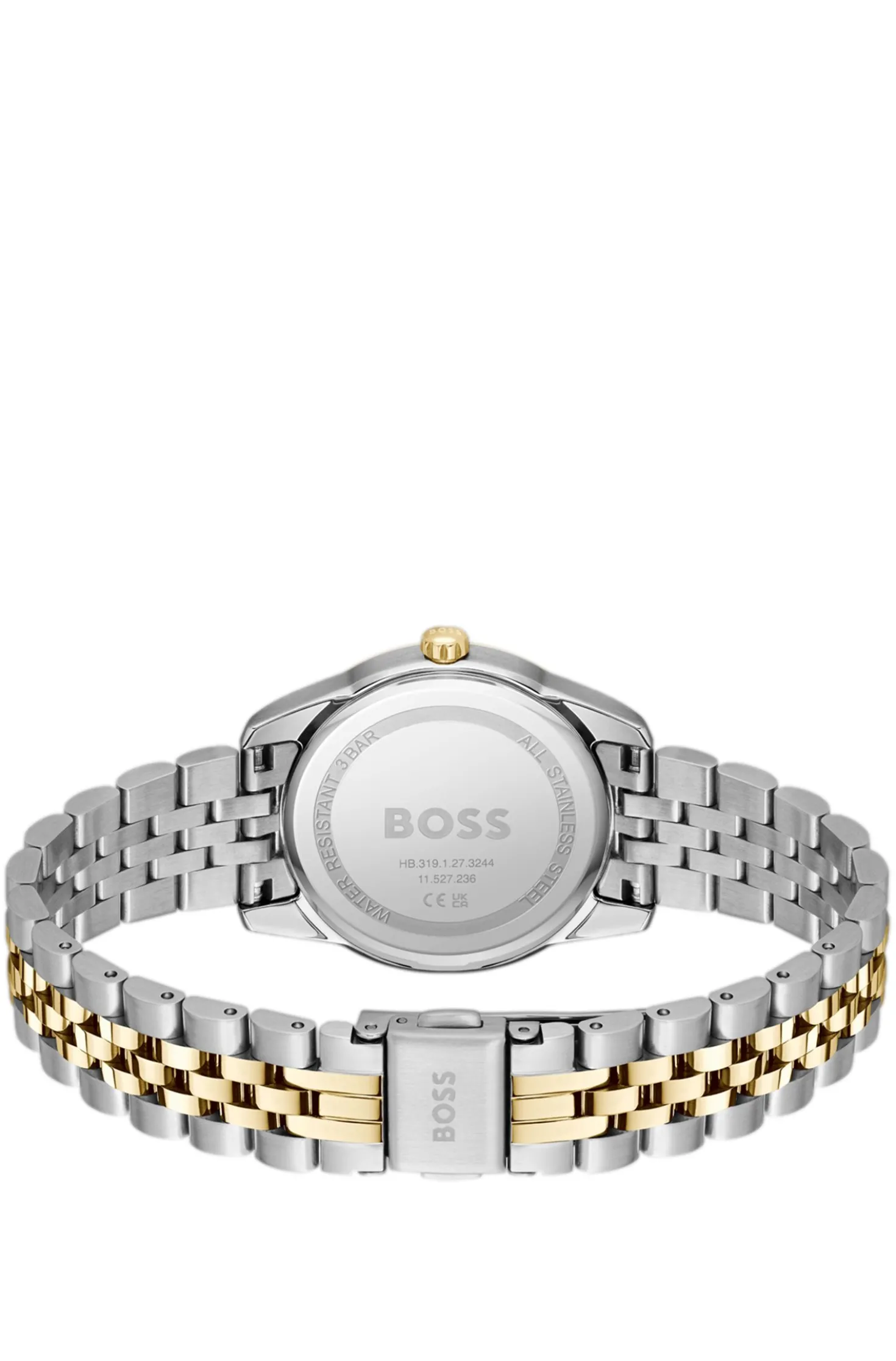 Uhr mit schwarzem Zifferblatt und zweifarbigem Gliederarmband
