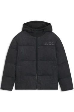 Wattierte Relaxed-Fit Jacke aus schwarzem Denim mit Logos