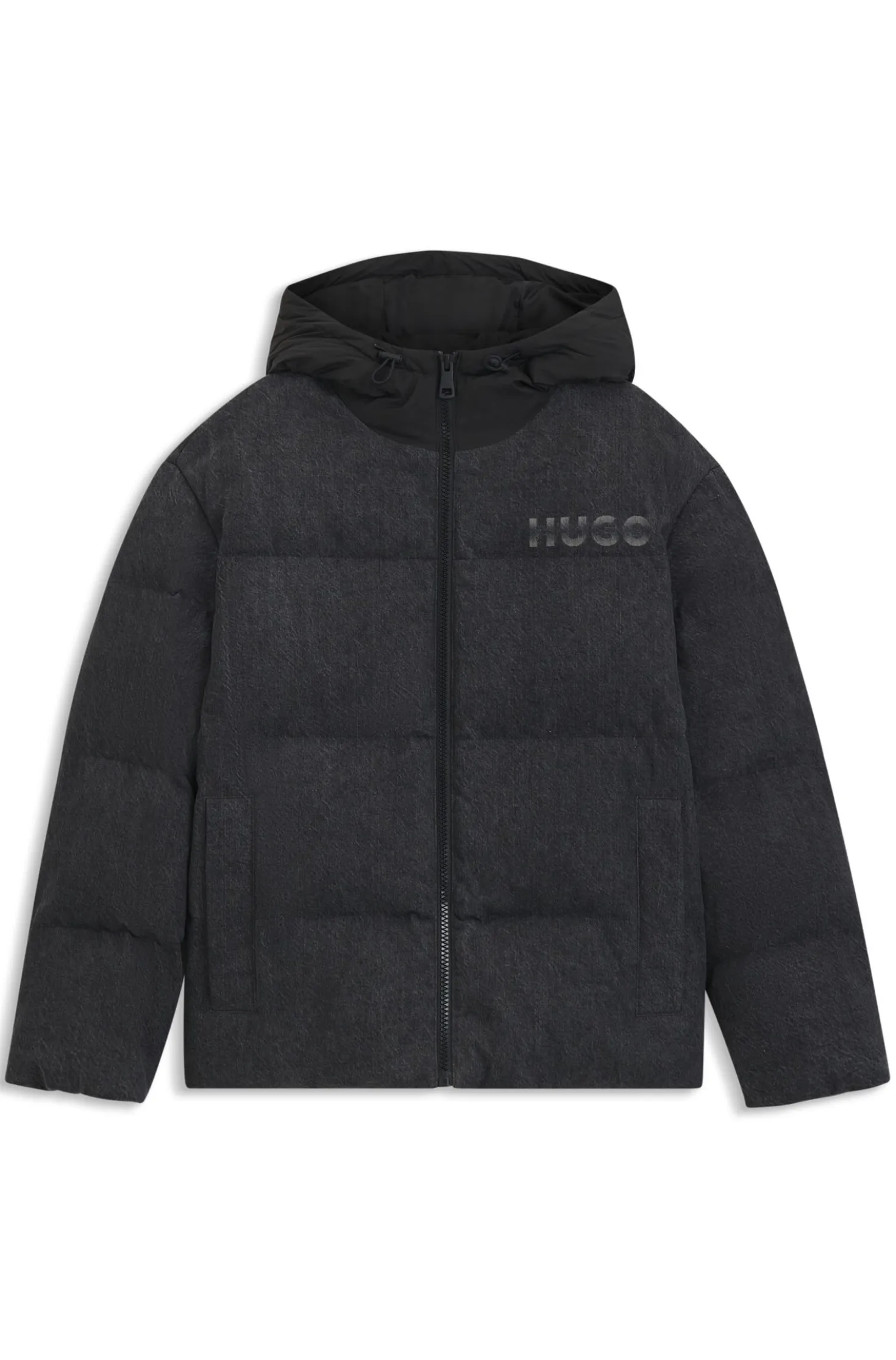 Wattierte Relaxed-Fit Jacke aus schwarzem Denim mit Logos