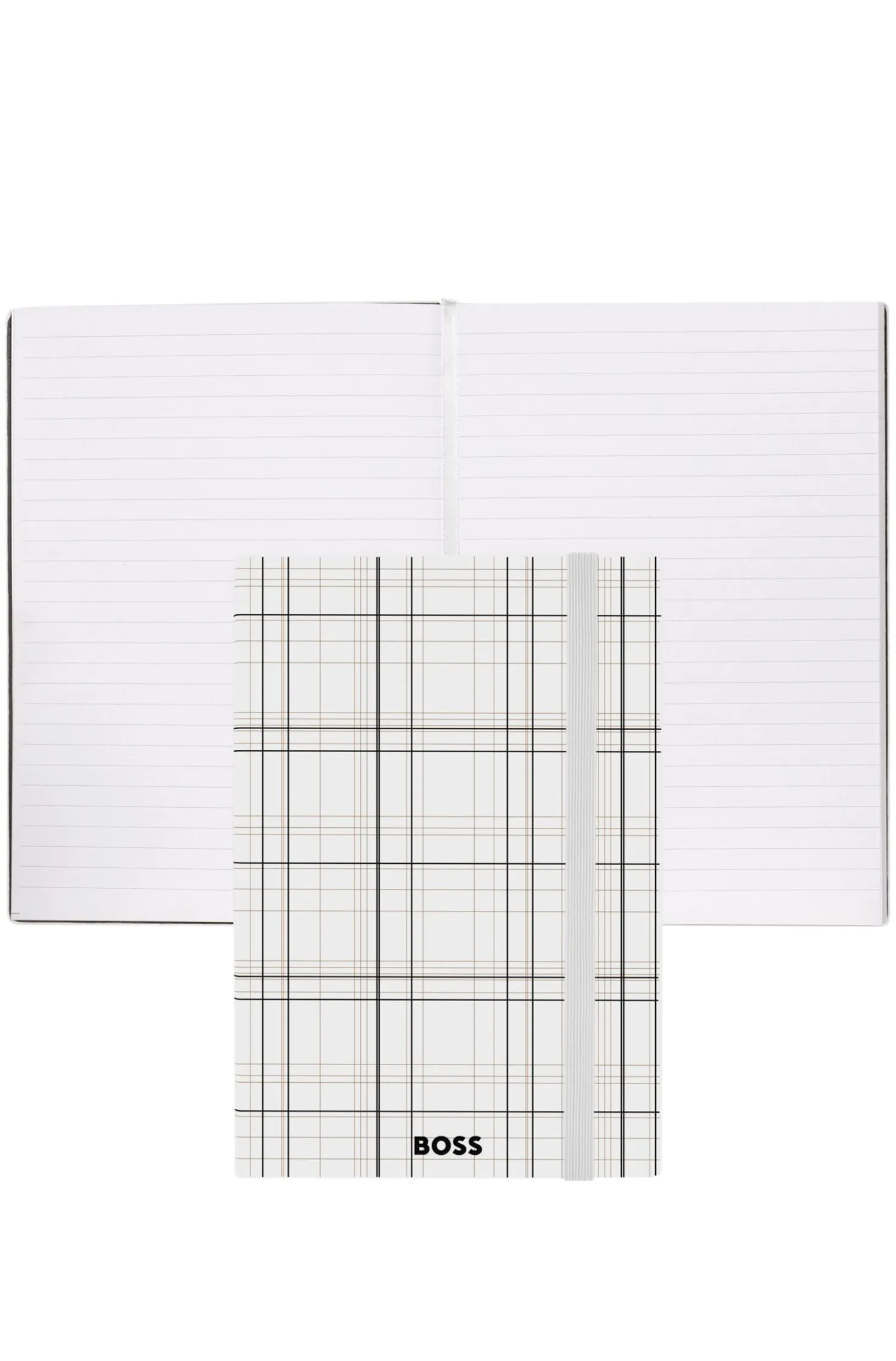 Weißes A5-Notizbuch mit Karo-Print und Folien-Logo