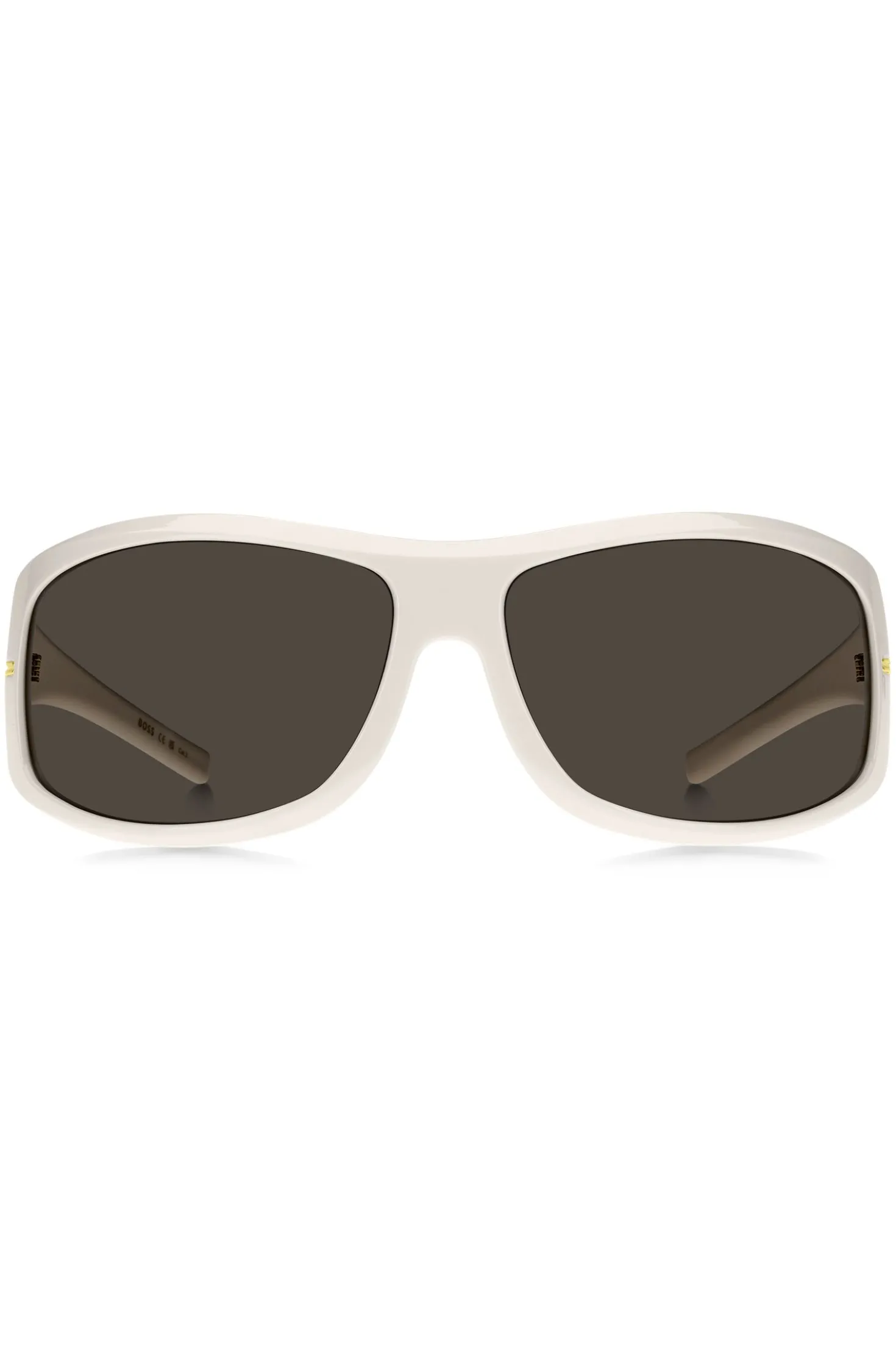 Weiße Sonnenbrille im Masken-Stil mit goldfarbenen Metalldetails